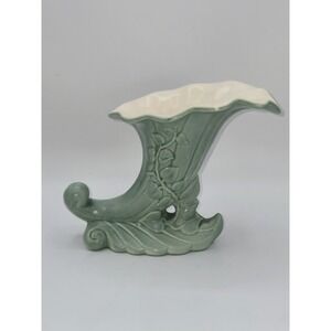 Vintage Red Wing Pottery Matte Green & Cream Cornucopia Vase #1097 Art Deco